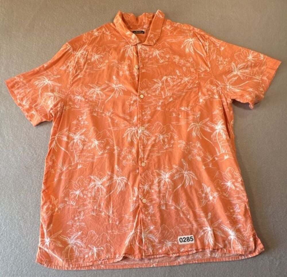 Relaxed Décontractée Men's Orange Tropical Palm Leaf Print Short Sleeve Button D